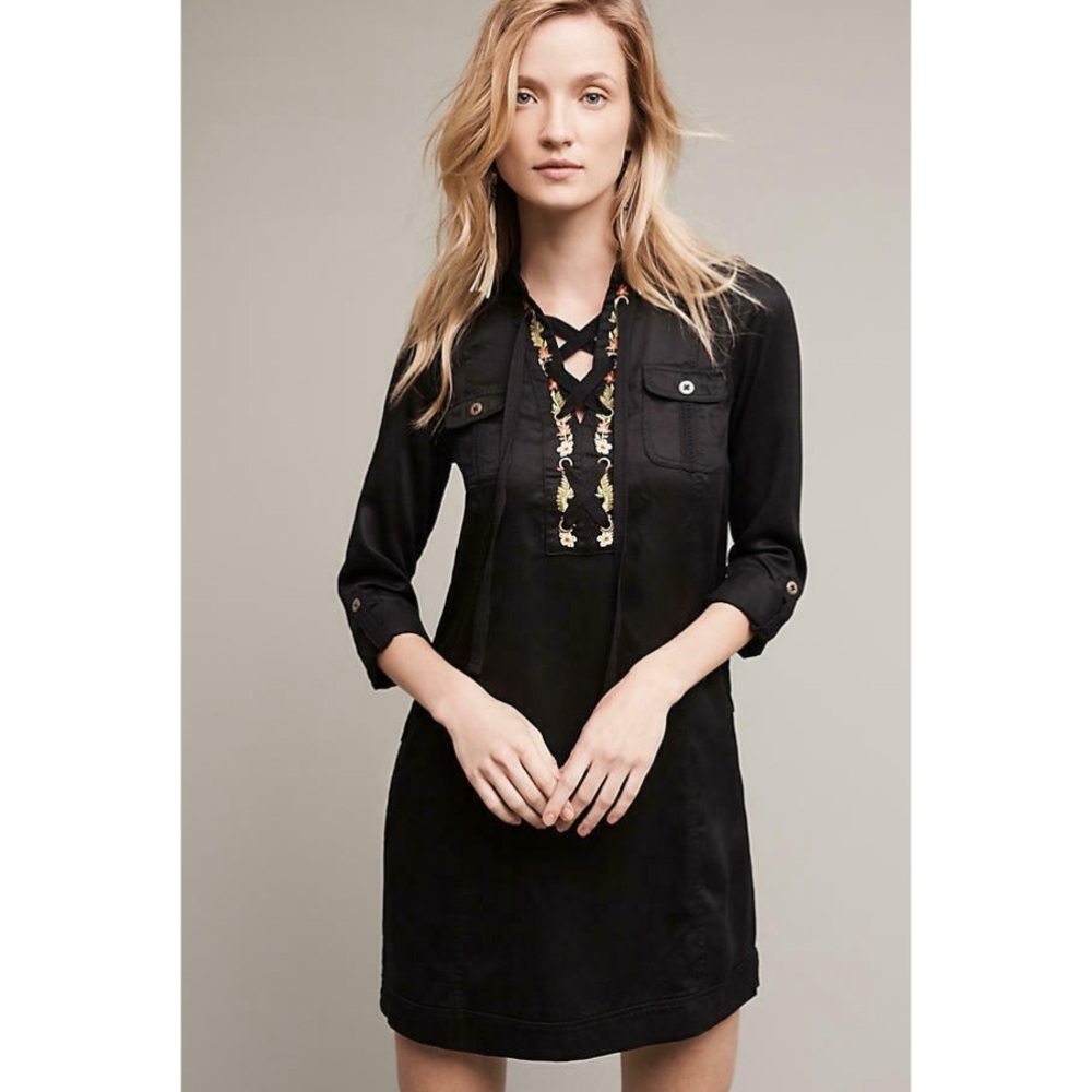 Anthropologie Holding Horses Dress Shirtdress Black Embroidered Lace Up 4
